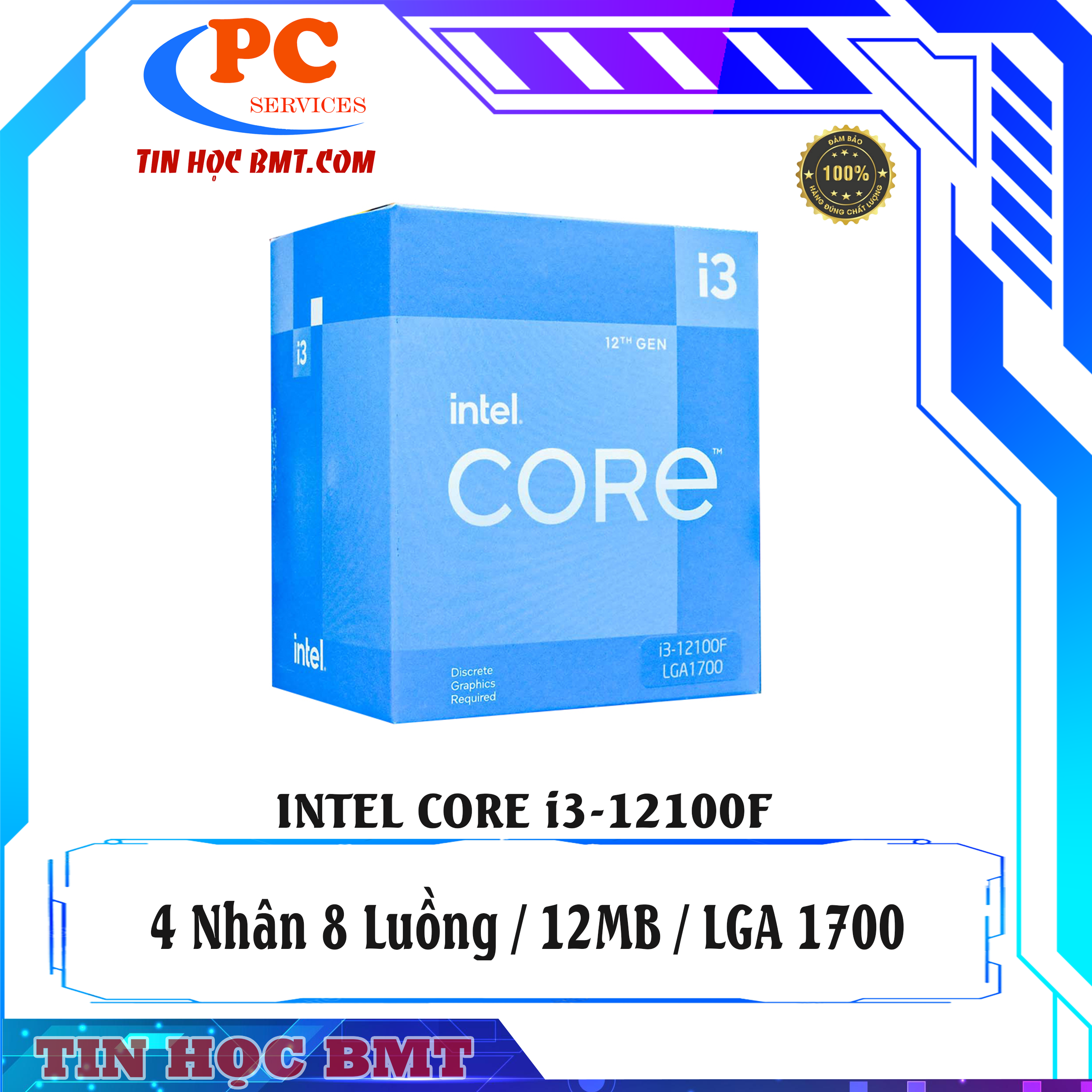 Bộ vi xử lý Intel Core i3 12100F / 3.3GHz Turbo 4.3GHz / 4 Nhân 8 Luồng / 12MB / LGA 1700