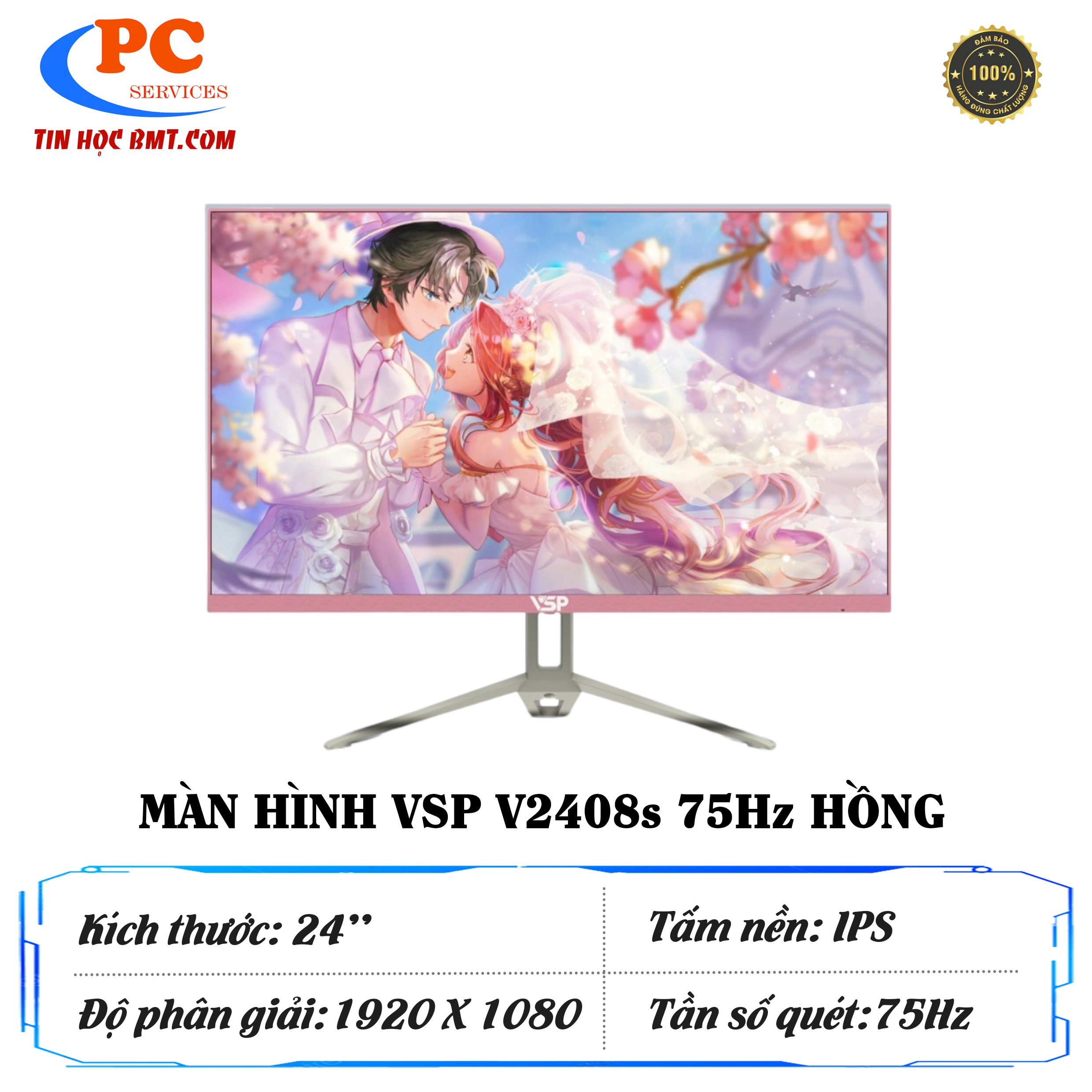 Màn hình 24 inch VSP V2408S tràn viền Hồng (Full-HD, IPS, 75HZ)