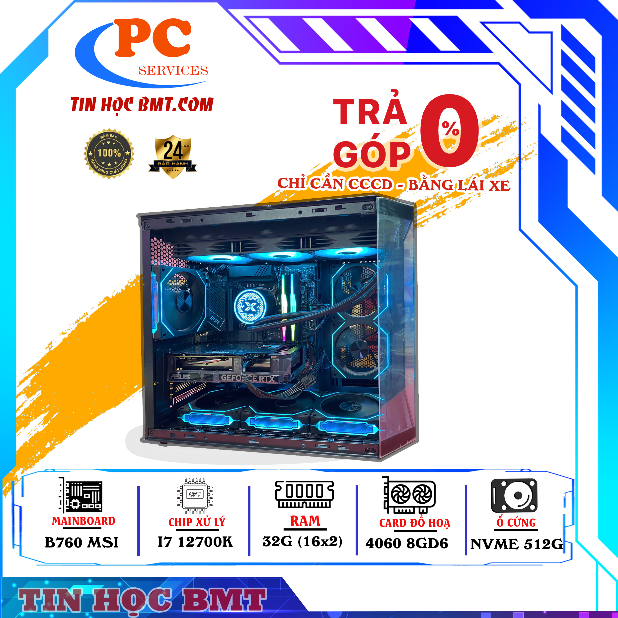 PC Gaming  | Intel I7 12700K/ RTX 4060 8G/ RAM 32GB LED/ SSD NVME 512GB