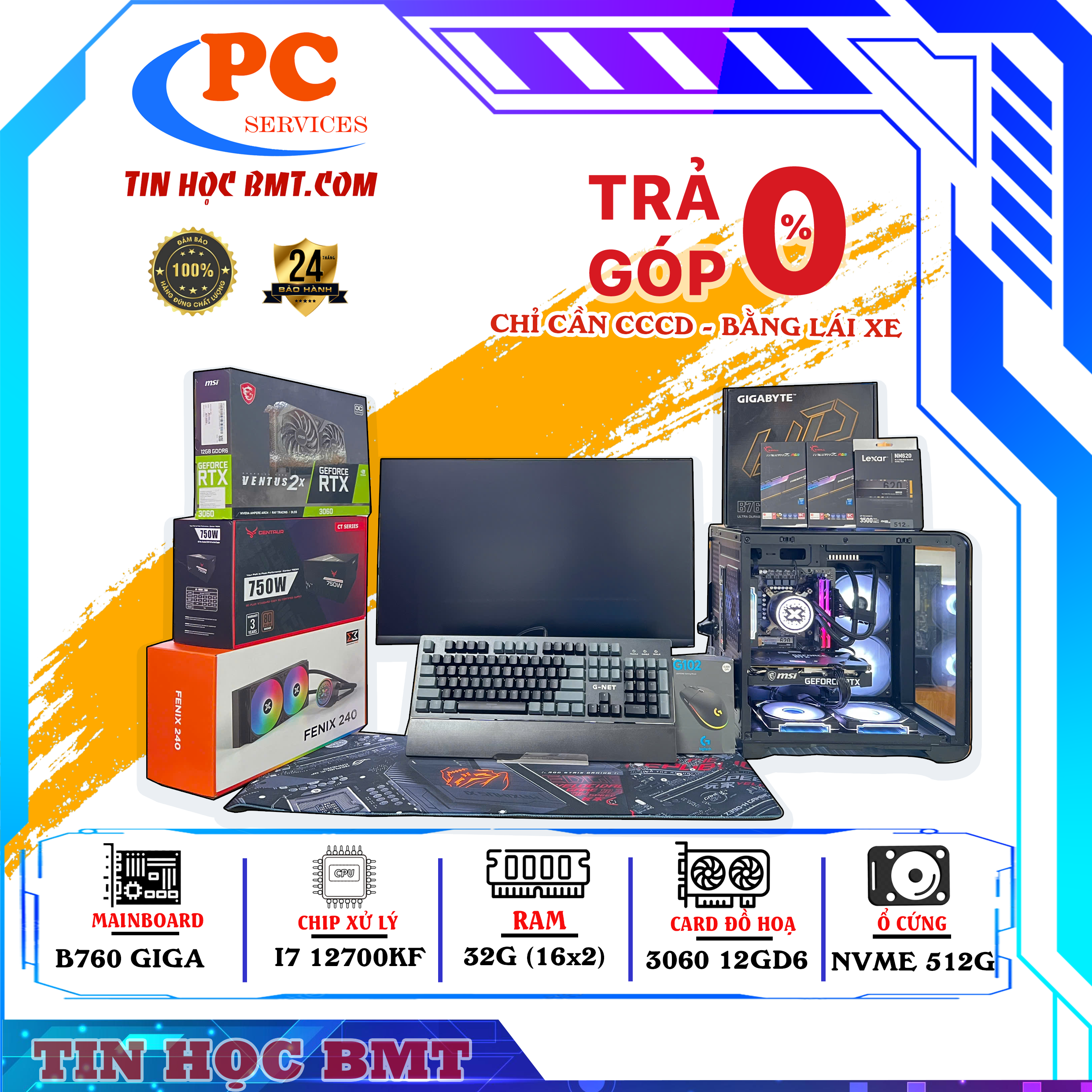 PC Gaming  | Intel i7 12700KF/ RAM 32GB/ SSD NVME 512G/ CARD MSI 3060 12G